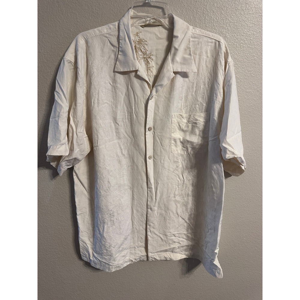 Tommy Bahama Silk Button Up Shirt Mens Large Camp Palm Tree Embroidered